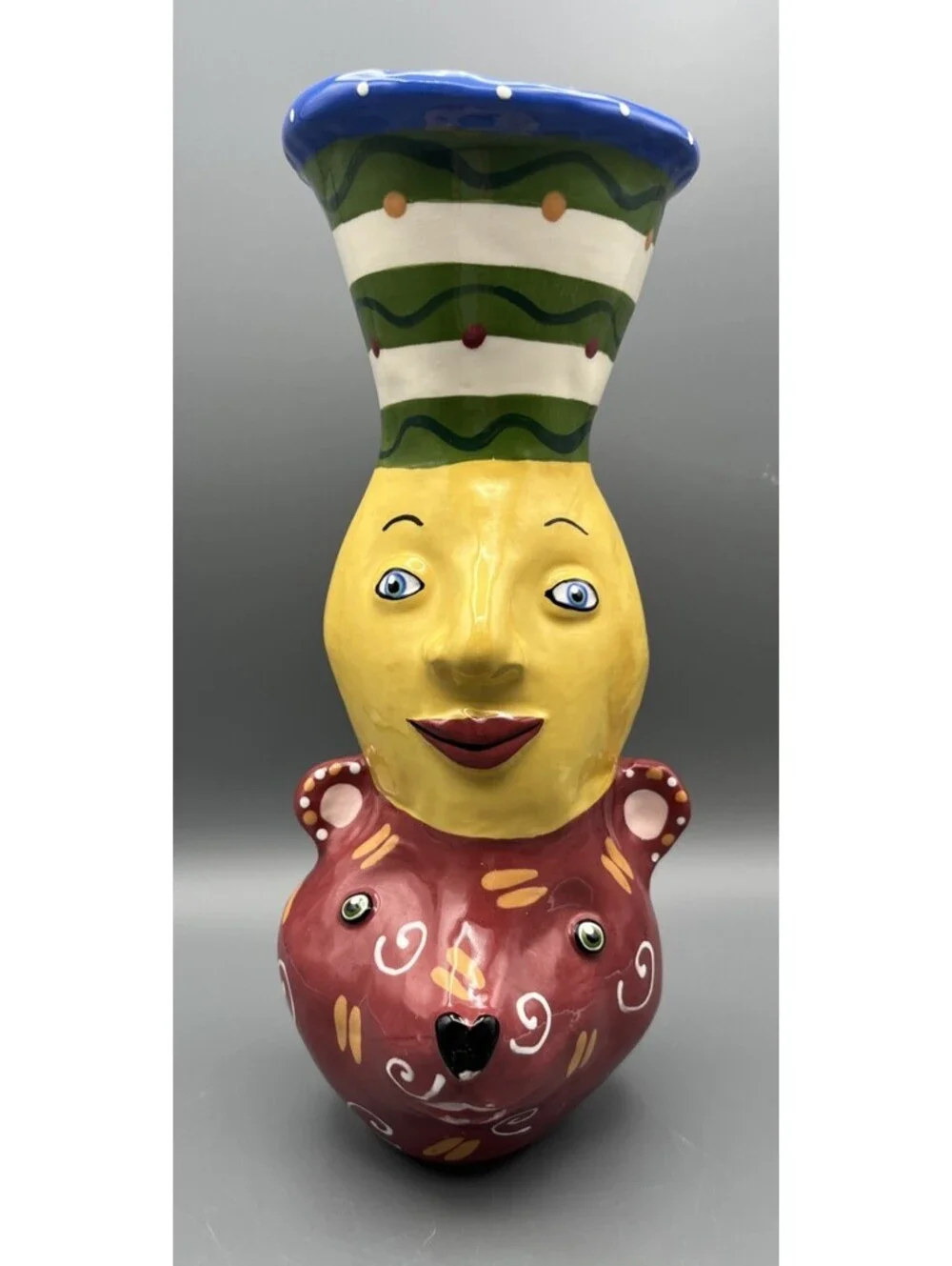 Whimsical Folk Art Ceramic Face Vase Signed CE Clara Erdmann Buddies Character